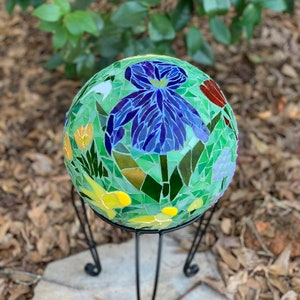 Stained glass mosaic gazing ball which can be lit from within, 10 inch diameter gazing ball, Iris gazing ball, Spring flowers gazing ball