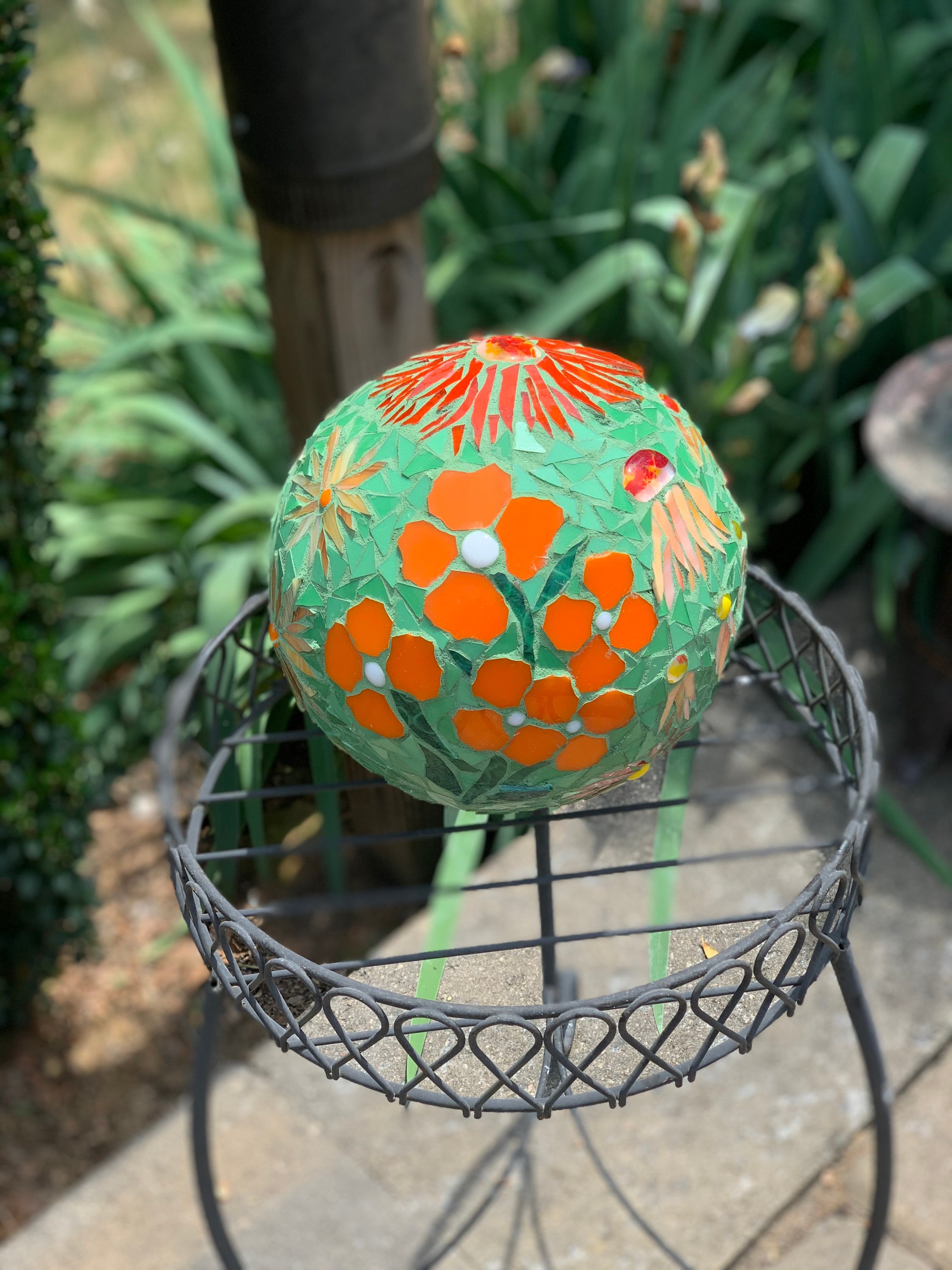 Mosaic Gazing Ball, Orange Flowers, Custom Garden Art - Etsy