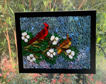 Stained glass mosaic cardinal, cardinal suncatcher, cardinal memorial