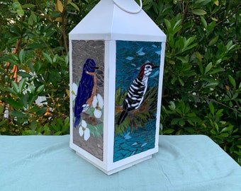 Stained glass mosaic lantern, Birds lantern, Cardinal bluebird woodpecker and blue jay lantern, cabin decor