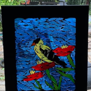 Mosaic goldfinch, stained glass goldfinch, glass bird suncatcher