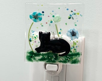 Fused Glass Cat Night Light, Garden Silhouette, Cat Parent Gift