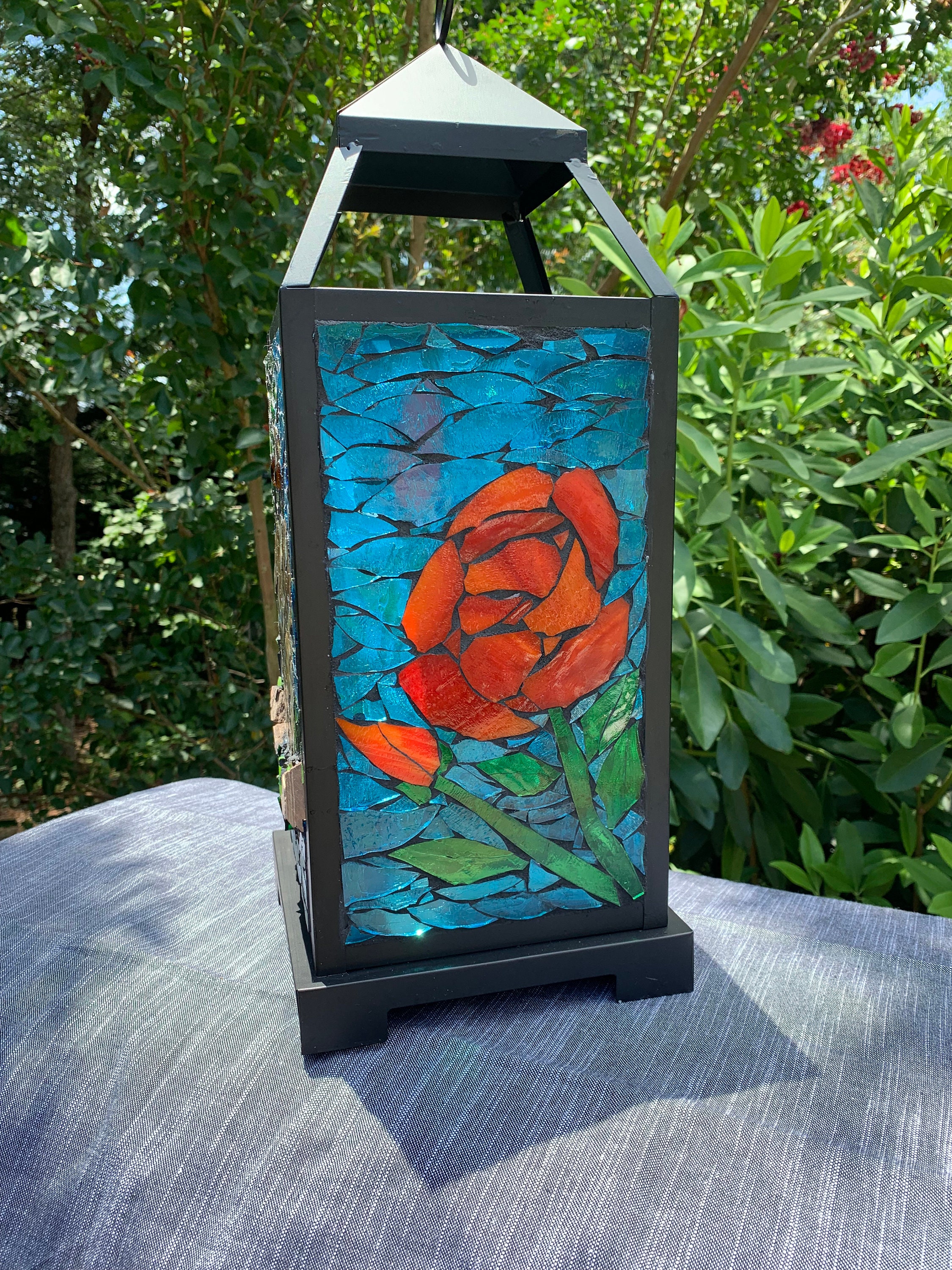 Stained Glass Mosaic Lantern, Great Horned Owl & Roses - Etsy