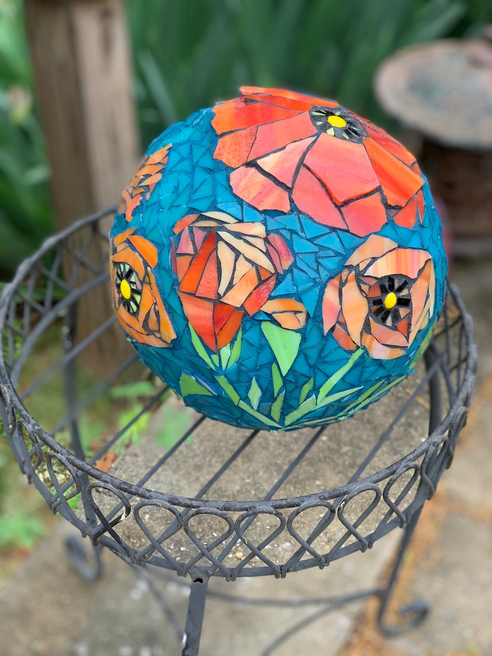 Stained glass mosaic gazing ball in poppies garden ball Etsy