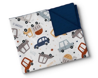 Personalisierte Babydecke aus Minky-Stoff – Namensstickerei – individuell angefertigt – hergestellt in Quebec – Vroom Aquarell – Selbstversand