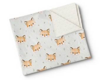 Personalisierte Babydecke aus Minky-Stoff – gestickter Name – individuell angefertigt – hergestellt in Quebec – Aquarell-Fuchs-Waldtier