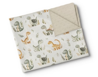 Personalisierte Babydecke aus Minky-Stoff – gestickter Name – individuell angefertigt – hergestellt in Quebec – Aquarell-Dinosaurier