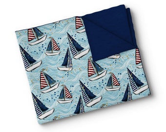 Couverture en minky personnalisée motif voilier nautique watercolor personnalisable