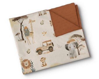 Personalisierte Babydecke aus Minky-Stoff – mit Namensstickerei – individuell angefertigt – hergestellt in Quebec – Zebras, Elefanten, Affen, Löwen, Giraffen, Dschungel