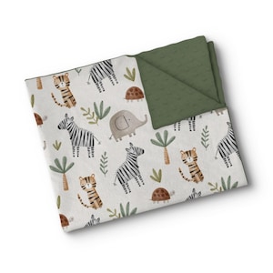 Personalized Baby Minky Cuddle blanket watercolor jungle zebra, elephant, tiger and turtle