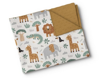 Personalisierte Babydecke aus Minky-Stoff – Namensstickerei – individuell angefertigt – hergestellt in Quebec – Party-Safari-Motiv: Elefant, Löwe, Affe, Dschungel (Aquarell)