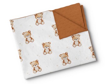 Personalisierte Babydecke aus Minky-Stoff – gestickter Name – individuell angefertigt – hergestellt in Quebec – Teddybär