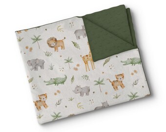 Personalisierte Babydecke aus Minky-Stoff – gestickter Name – individuell angefertigt – hergestellt in Quebec – Zoobesuch: Elefant, Löwe, Affe, Dschungel, Aquarell
