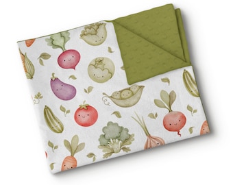 Personalisierte Babydecke aus weichem Plüsch – gestickter Name – individuell angefertigt – hergestellt in Quebec – niedliches Aquarell-Gemüse