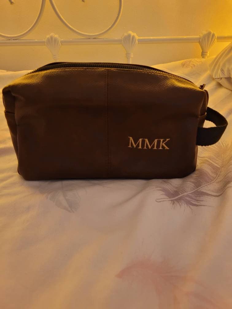 Personalised Embroidered Mens Leather Wash Bag with Strap Black or Brown - Mens Vegan Leather Toilet Bag Embroidered with Initials
