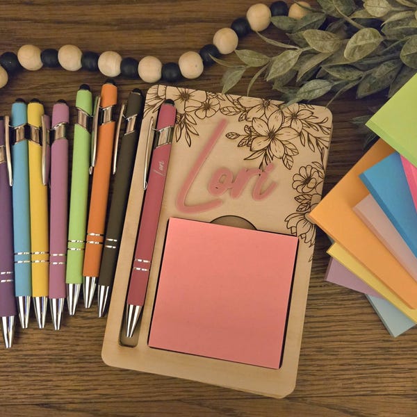 Personalized Floral Sticky Note Pad Holder & Pen Set Laser Cut File ...