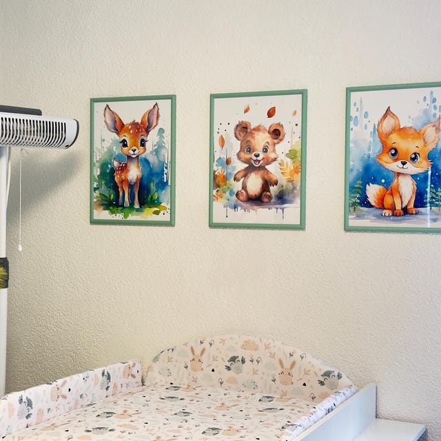 Poster decorativo da parete con animali selvatici, foresta, tema avventura, acquerello, cervo, orso, volpe, immagini su tela, per camera dei ragazzi e