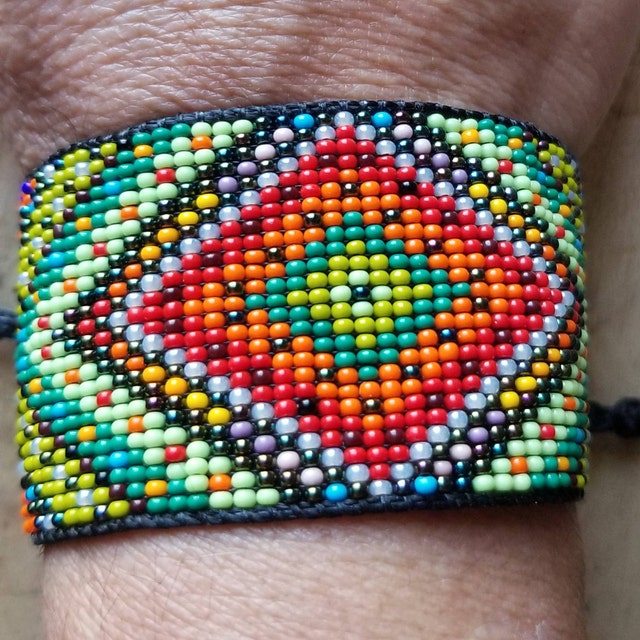 Huichol Native American Inspired Multi-Colored Pink Brown Lavender Beaded Friendship Bracelet, Handmade by Pachamama Native Art | Discovered