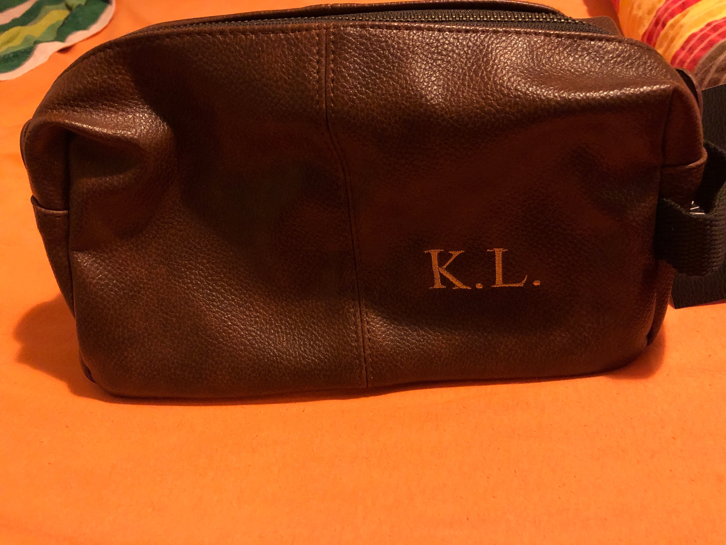 Personalised Embroidered Mens Leather Wash Bag with Strap Black or Brown - Mens Vegan Leather Toilet Bag Embroidered with Initials