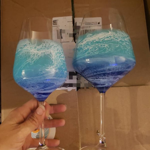 Ocean Waves Wine Glasses | Housewarming Gift | Epoxy Resin Ocean ...