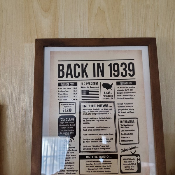 Back in 1939 PRINTABLE Newspaper Poster PRINTABLE Birthday Sign ...