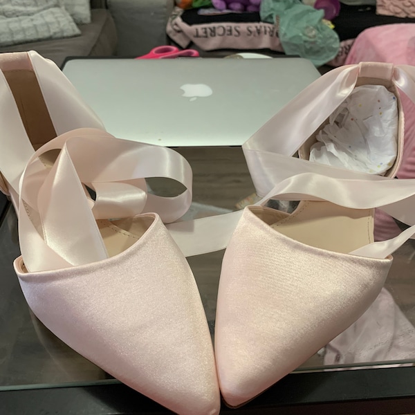 Dusty Pink Satin Pointy Toe Flats With ANKLE TIE or BALLERINA Lace Up ...