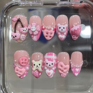 Handmade Halloween Kawaii Press On Nails | Frankenstein, Mummy & Cute Characters with Bows | Long Square Nails For Spooky Vibes