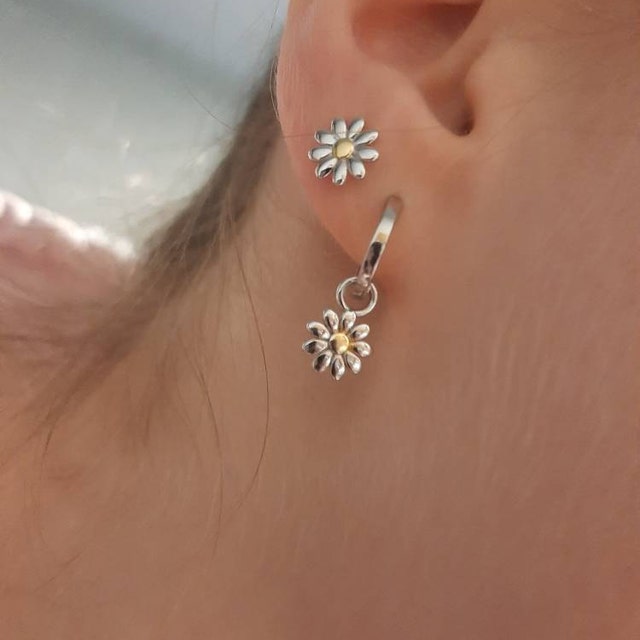 Little Daisy Flower Charmed Hoop Earrings in Sterling Silver
