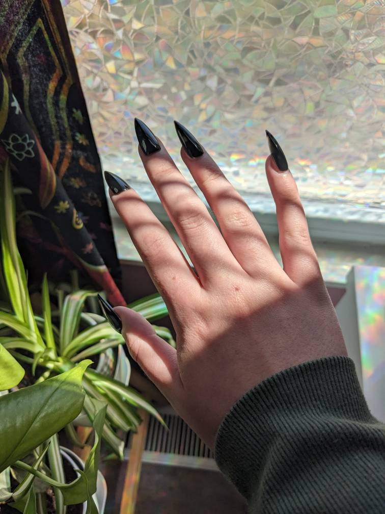 JELLY BLACK Korean style press on nail art, gothic simple clean nails for fall winter, halloween nails, goth, stiletto long medium short