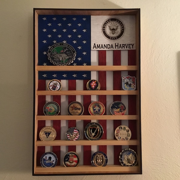 Unique Army Coin Racks Engraved American Flag Military Coin Holder Shelf: Custom Wooden ...