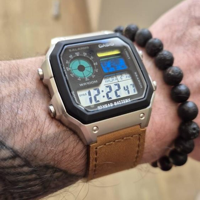 時計 Casio AE1200 Custom Custom Casio AE-1200 Mod Watch: Silver Case, Leather Strap
