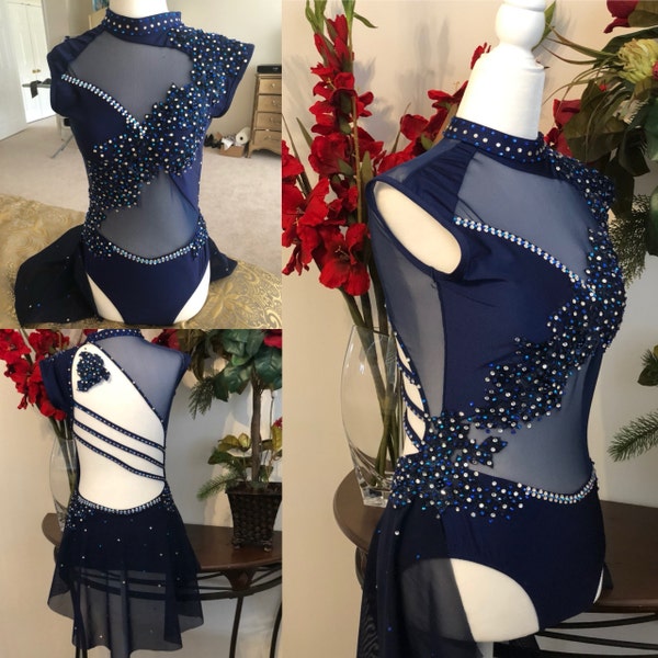 Navy blue imported fabric with oxidise pearl embroidered gown