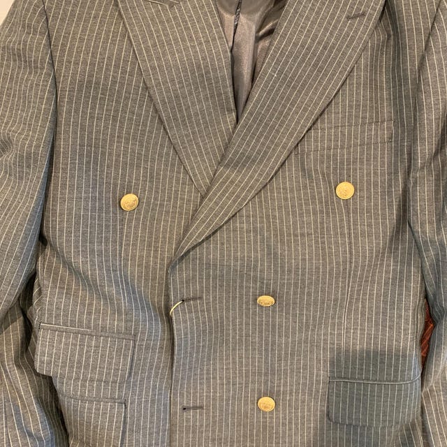 GOLD DOUBLE BUTTON DRESS COAT グレー Double Breasted Gray, Striped- Golden Button Men's Suit