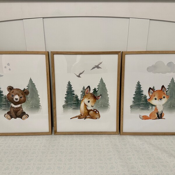 Woodland Animal Nursery Wall Art Set of 3 | Deer Bear Fox Nursery ...