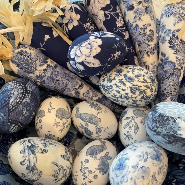 Set of 4 Blue & White Decoupage Eggs, Chinoiserie Eggs With