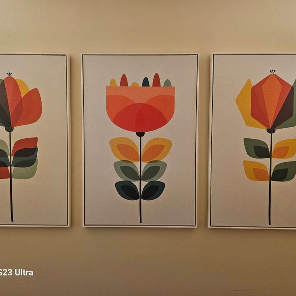 Framed Canvas Wall Art Set of 3 Abstract Geometric Flowers Prints Mid ...