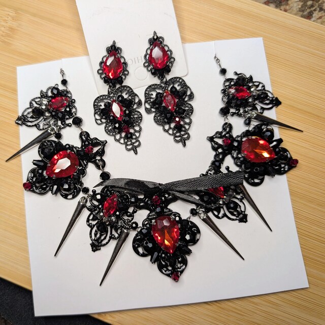 Red Spike Necklace | Black Jewelry Set | Gothic Vampire Jewelry