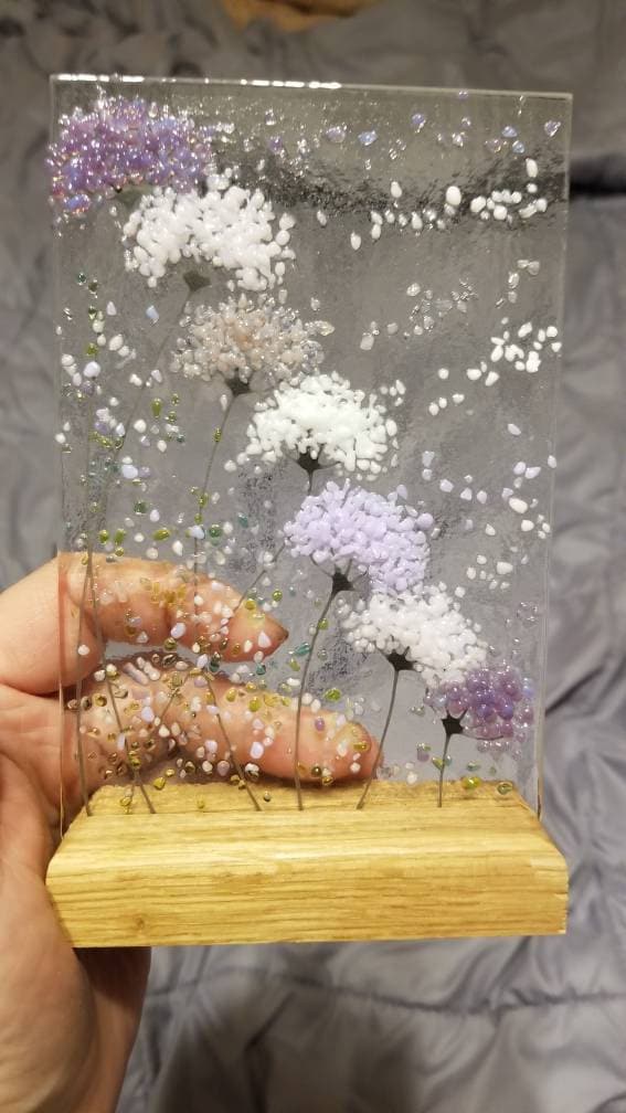 Whimsical Purple and pink mix Flowers fused glass Art Picture Sun Catcher & Wooden Display Stand