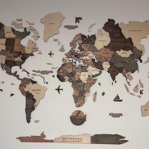Wooden World Map Wall Art Travel Map Push Pins, Home Decor, 5th
