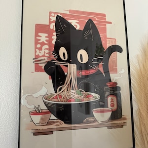Noodle Black Cat Poster Tokyo Art Print Edo Period Ramen Noodles Art ...