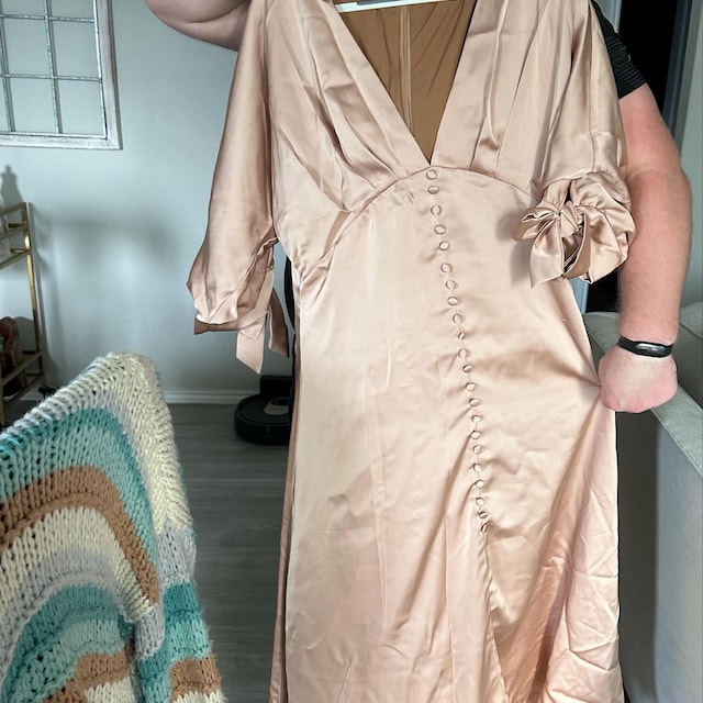 silk dress with buttons down the front Sunset 100% Silk Satin Gown with covered buttons 14 / Orange