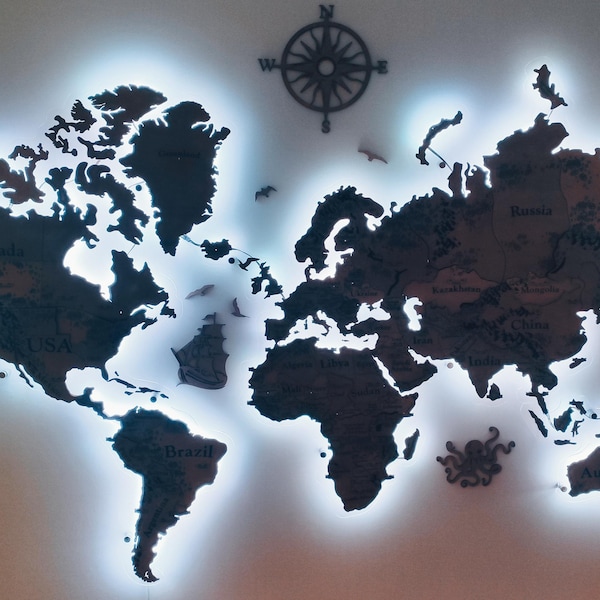 World Map With LED Lighting, Wooden Push Pin Map, 3D Led Backlight Map ...