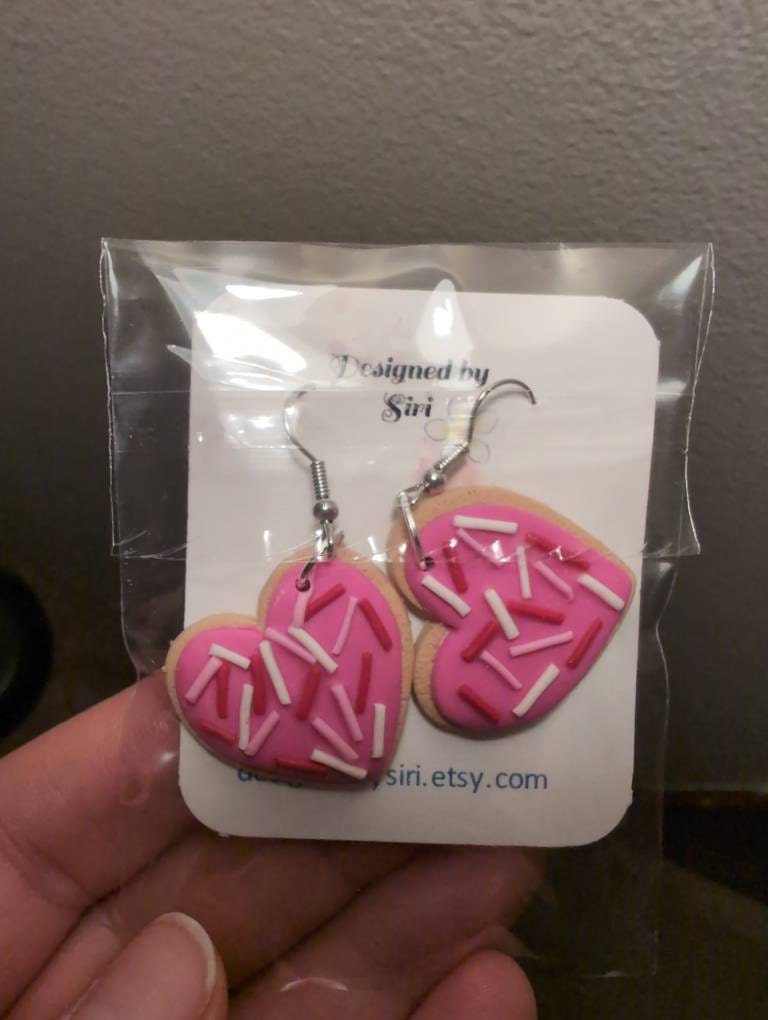 Valentines Day Earrings Polymer Clay Earrings Red pink Heart Cookie Love Earrings Light Weight Fish Hook Wires Sweater Mason Jar Earrings