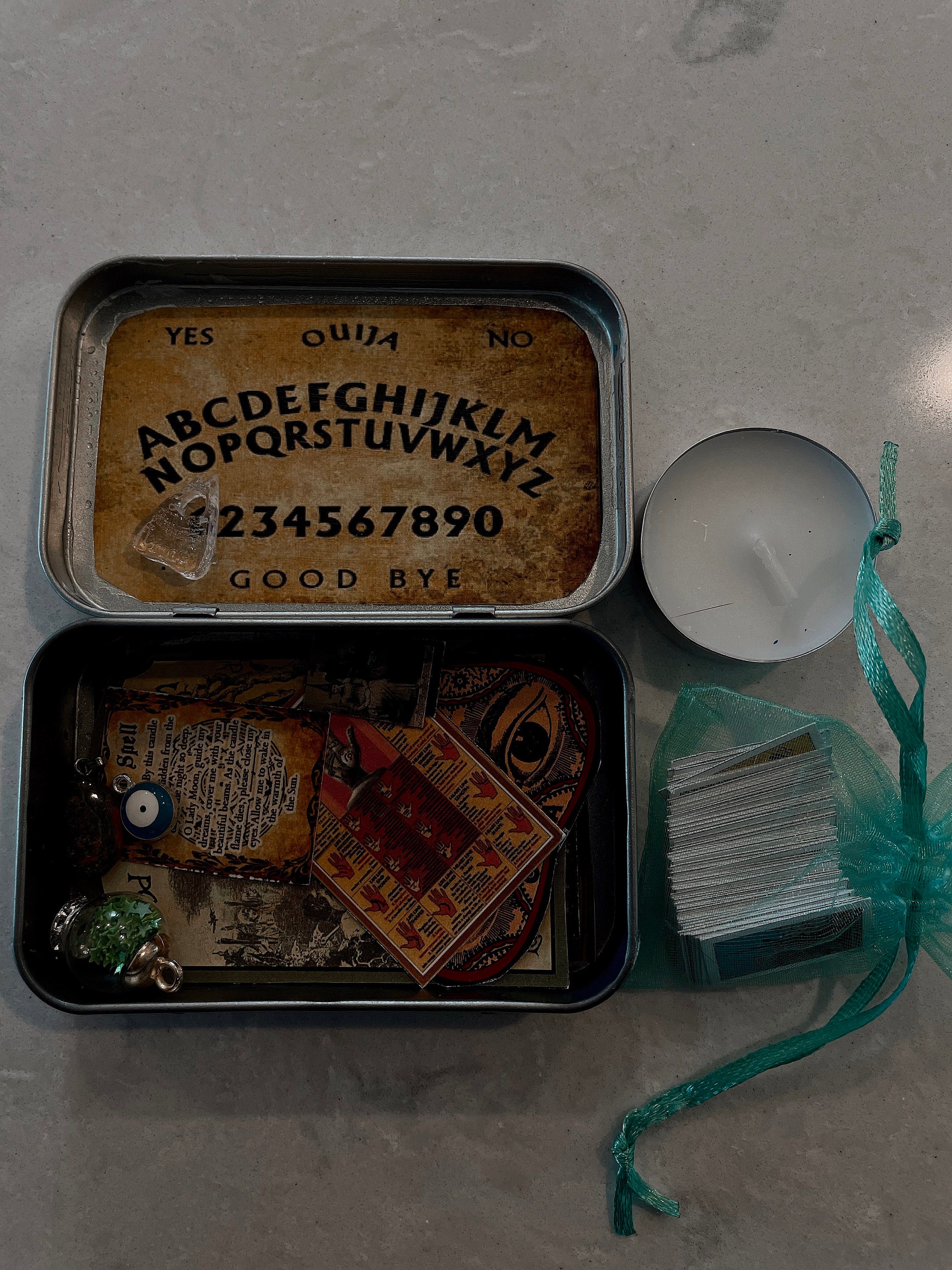 mini tarot tin, mini tarot kit, on the go mini tarot tin, palmistry ouija board psychic spell kit, mini tarot card deck, mini ouija board,