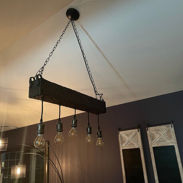 Rustic Wood Beam Chandelier, Farmhouse Lighting, Industrial Edison