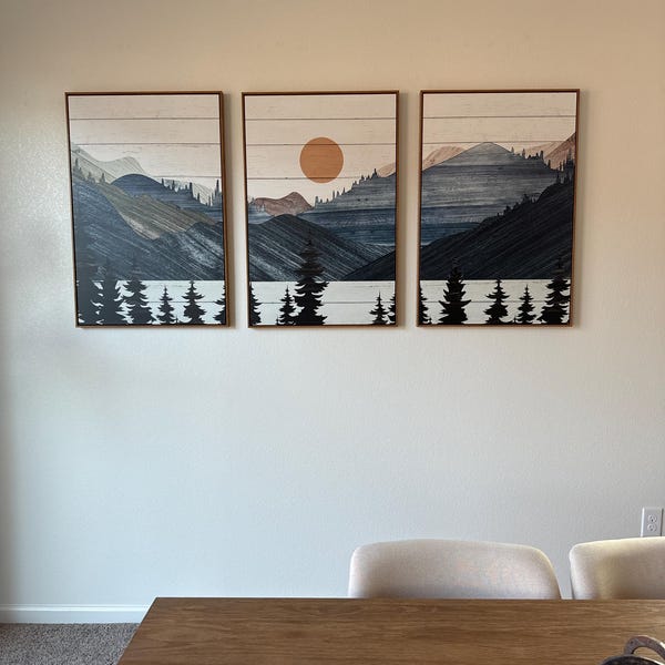 Sunset Mountain Landscape Framed Wall Art Set of 3, Rustic Pine Tree ...