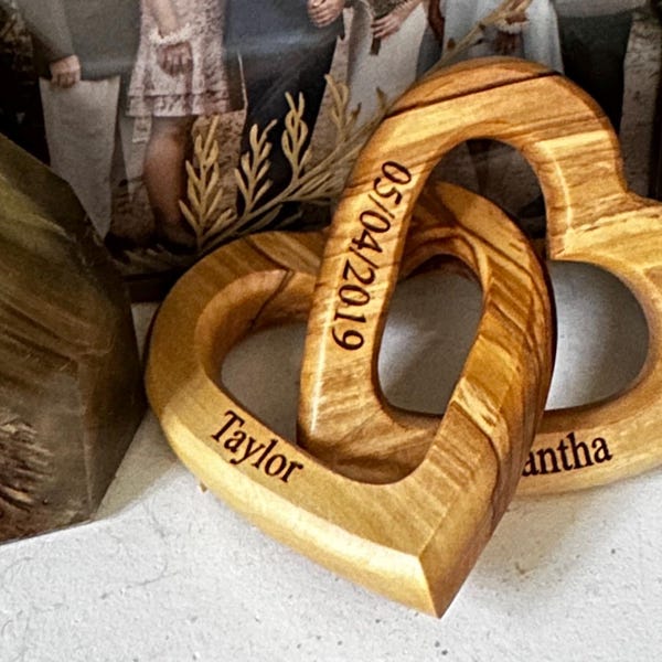 Personalized Interlocking Hearts. 5th Anniversary Gift for Her Him Olive Wood Wooden Hearts ...
