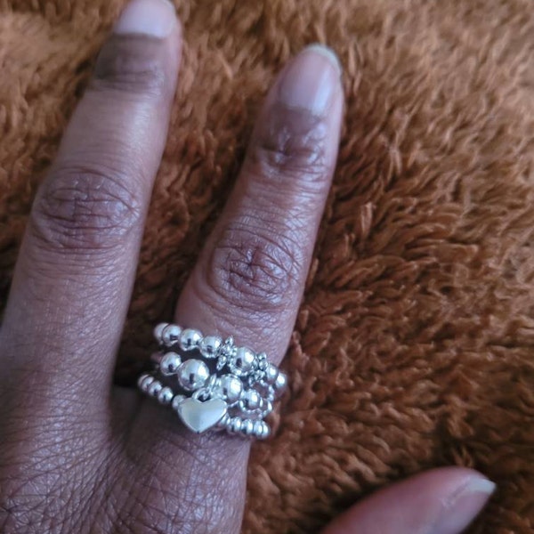 Silver Bead Stretch Stacking Rings Set of 3 With Heart Charm. Purple ...