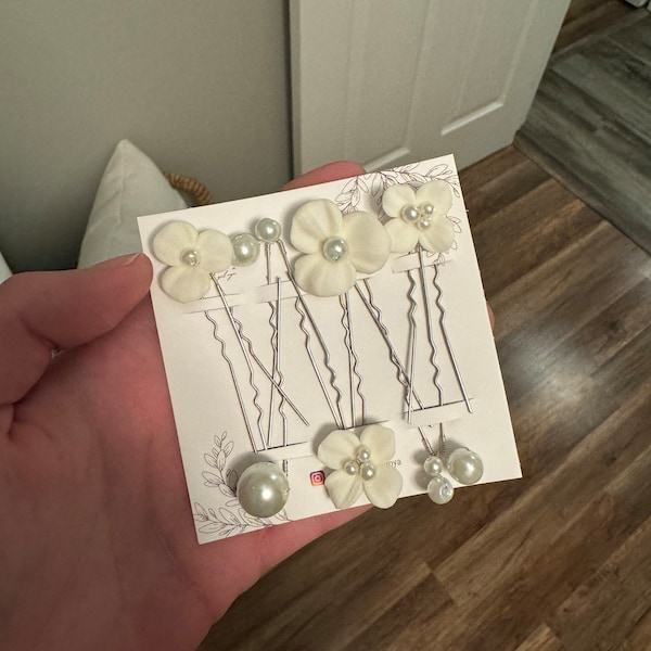7pcs Minimalist Pearl Ceramic Flower Hair Pins, Bridal Hair Pins Silver ...