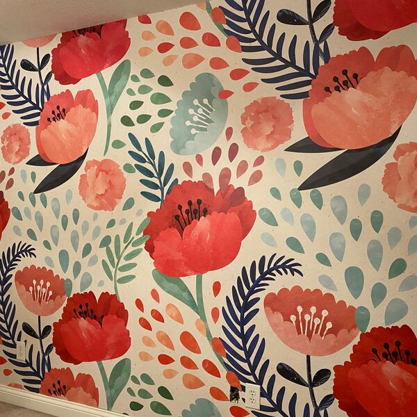 Red Poppy Flowers and Leaves Wallpaper| Peel & Stick | Self Adhesive ...